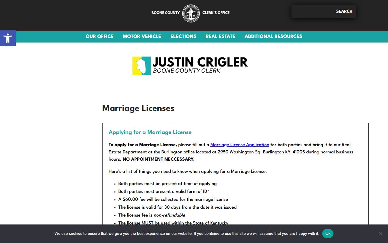 Boone County marriage license page
