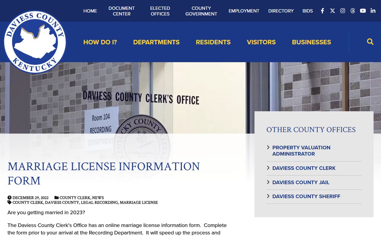 Daviess County Clerk online form for Owensboro marriage license applications