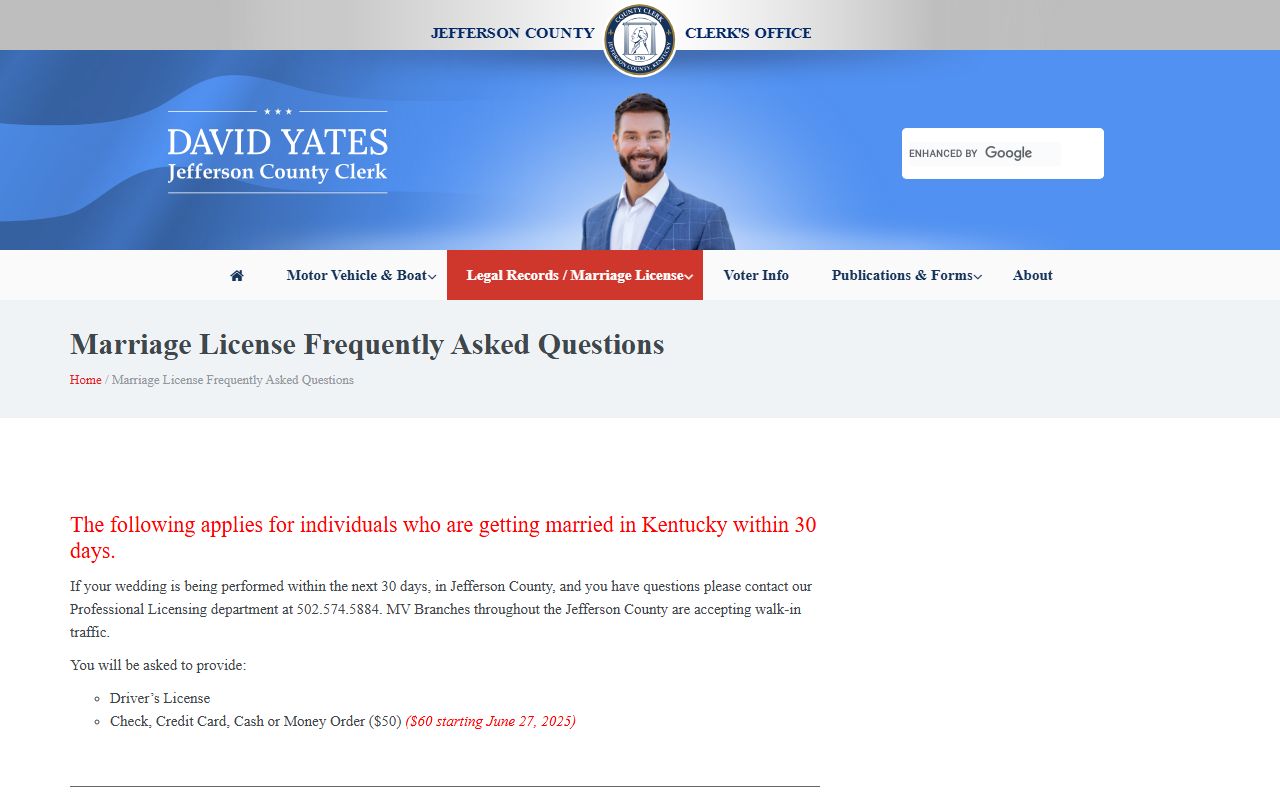 Jefferson County Clerk FAQ page about marriage licenses