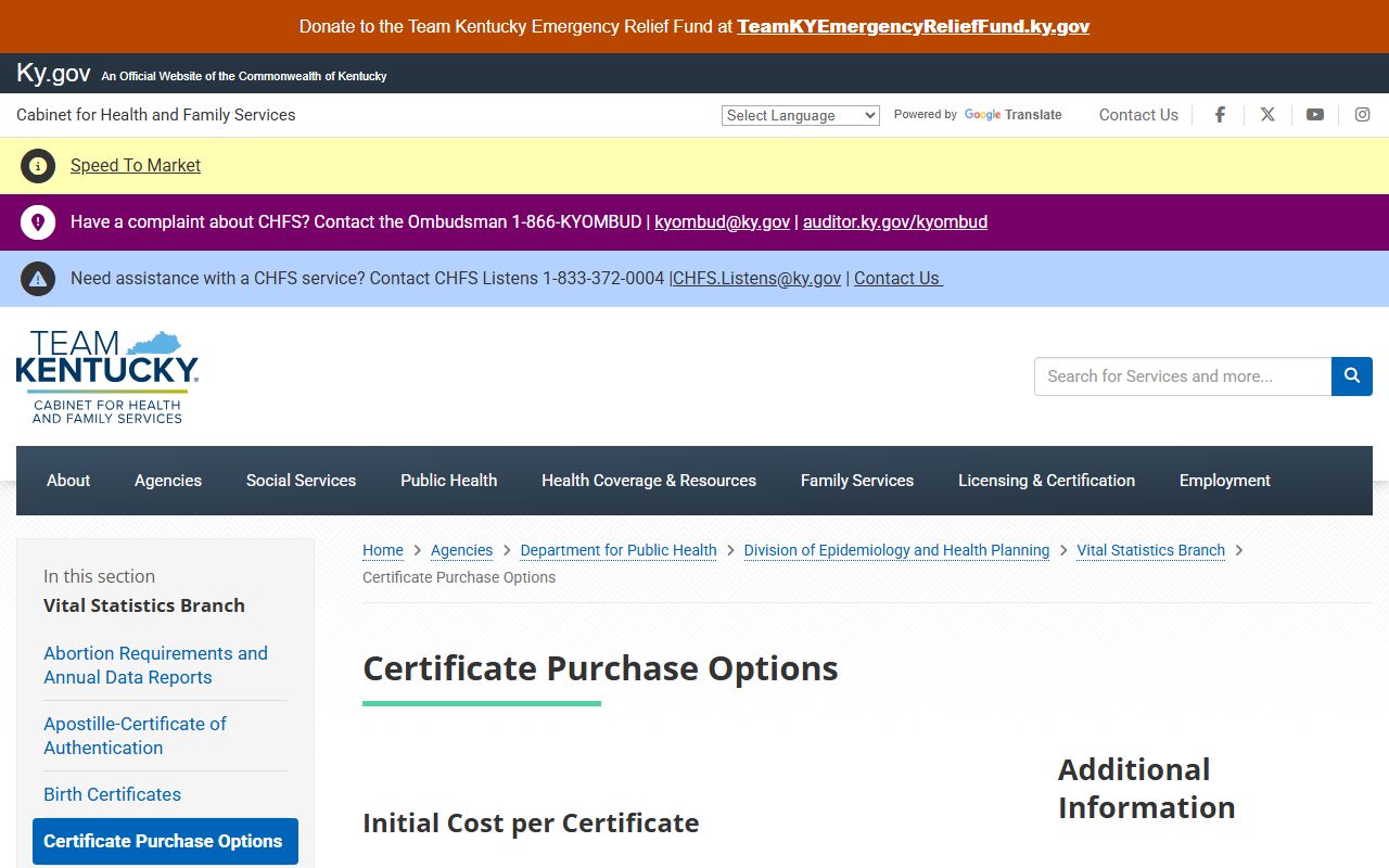 Kentucky Office of Vital Statistics certificate purchase options page