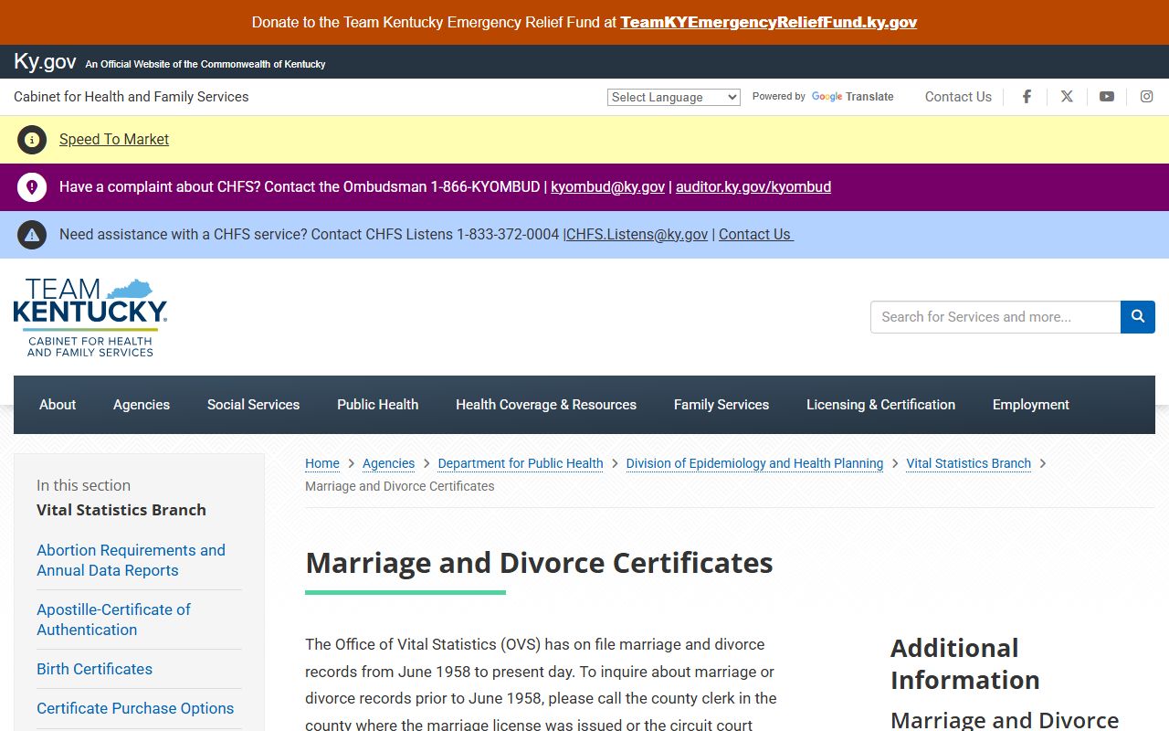 Kentucky Office of Vital Statistics marriage and divorce records page